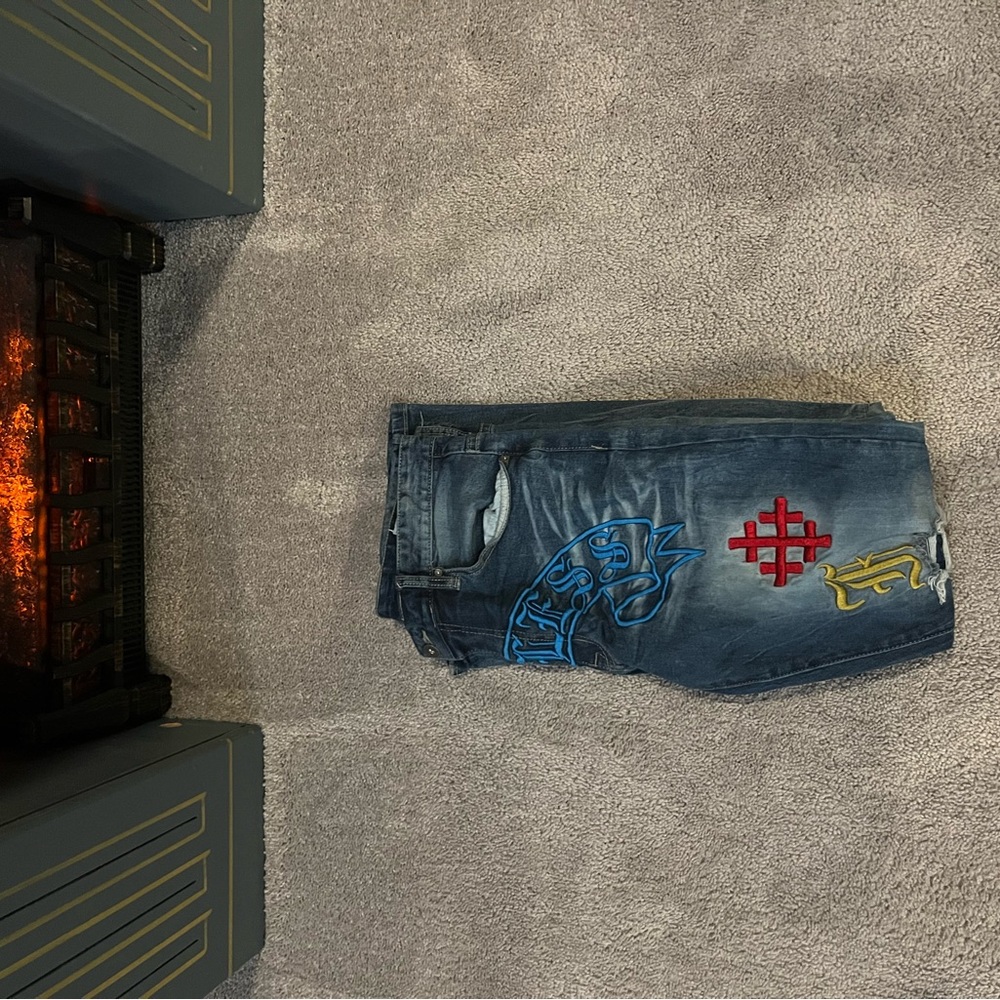 Men's Blue Denim Shorts with Embroidered Accents